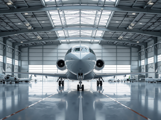 现代化机场停机坪，多架飞机整齐排列，蓝天白云背景，航空工业发展场景